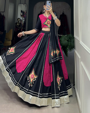 Radiant Pink and Black Cotton Chaniya Choli with Gamthi Work 5