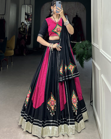 Radiant Pink and Black Cotton Chaniya Choli with Gamthi Work