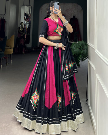 Radiant Pink and Black Cotton Chaniya Choli with Gamthi Work 7