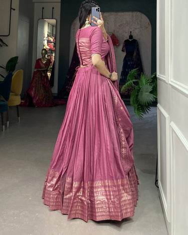 Pink Colour Pure Chanderi Plain Lehenga with Intricate Zari Work Border 4