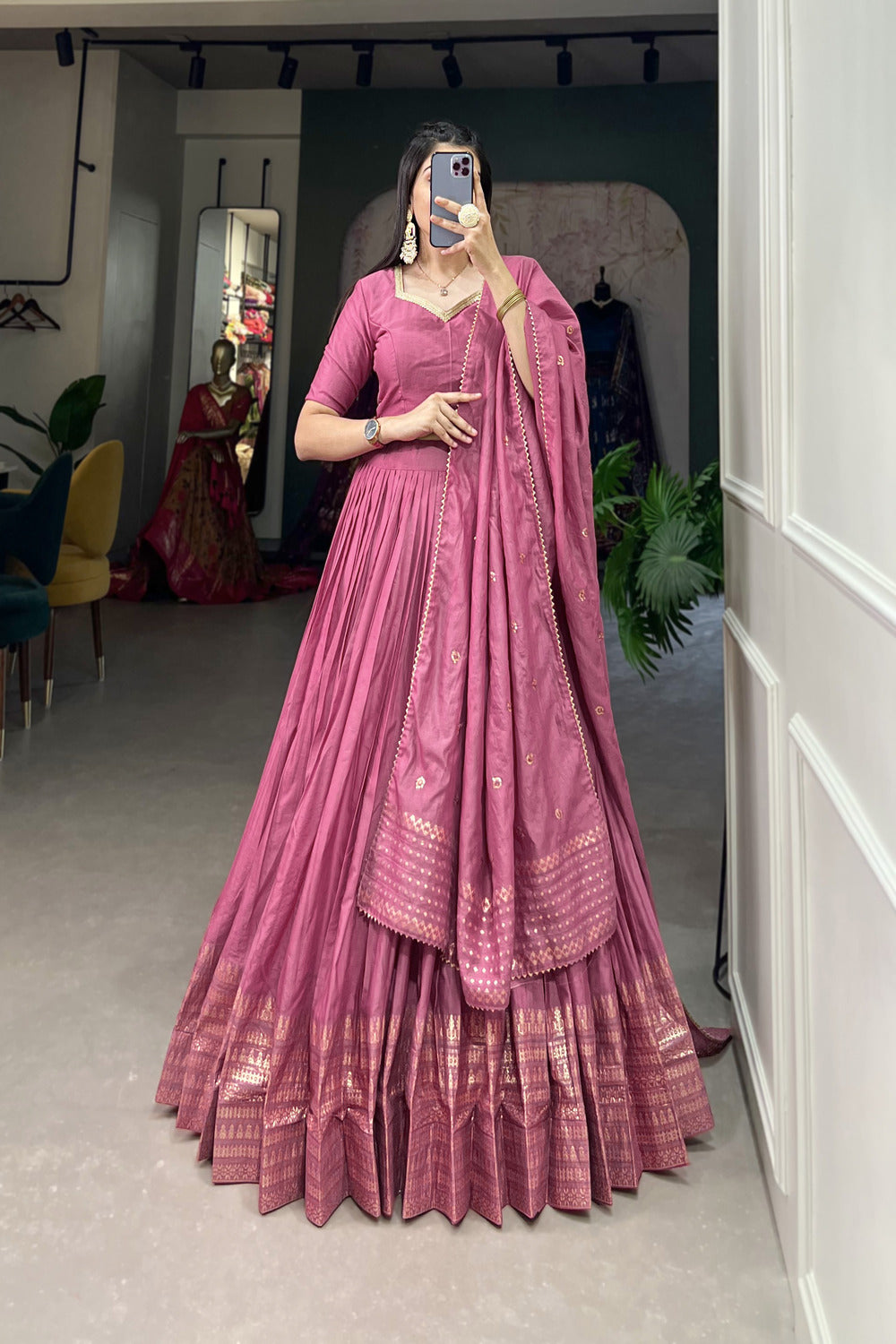 Pink Colour Pure Chanderi Plain Lehenga with Intricate Zari Work Border