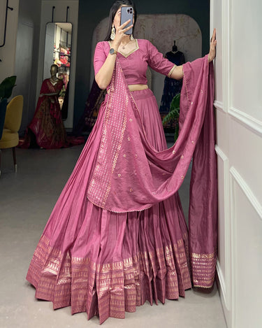 Pink Colour Pure Chanderi Plain Lehenga with Intricate Zari Work Border 1