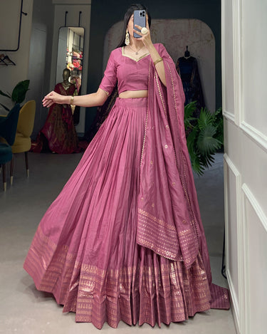 Pink Colour Pure Chanderi Plain Lehenga with Intricate Zari Work Border 2