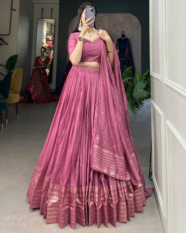 Pink Colour Pure Chanderi Plain Lehenga with Intricate Zari Work Border