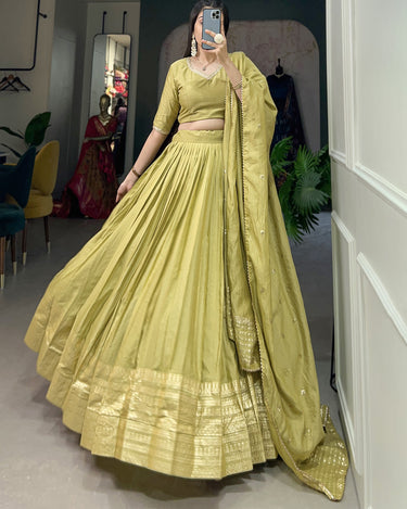 Pista Colour Pure Chanderi Plain Lehenga with Intricate Zari Work Border 4