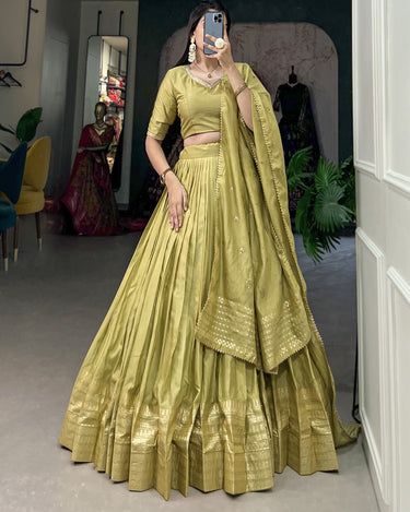 Pista Colour Pure Chanderi Plain Lehenga with Intricate Zari Work Border