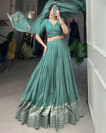 Sew Green Colour Pure Chanderi Plain Lehenga with Intricate Zari Work Border 1