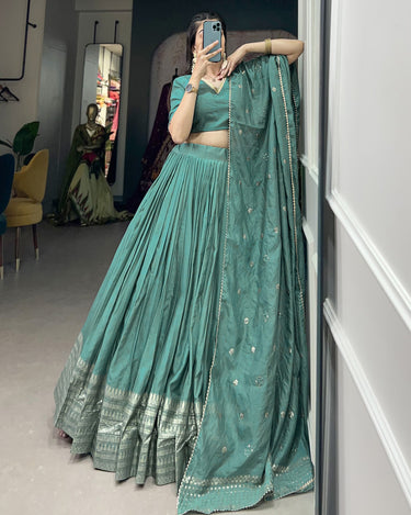 Sew Green Colour Pure Chanderi Plain Lehenga with Intricate Zari Work Border 3