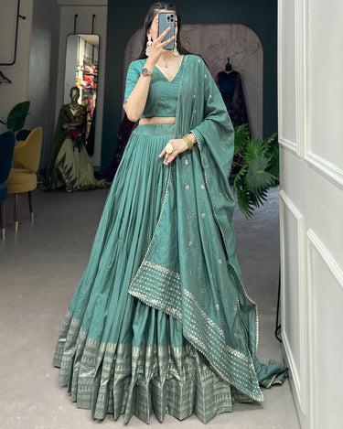 Sew Green Colour Pure Chanderi Plain Lehenga with Intricate Zari Work Border 