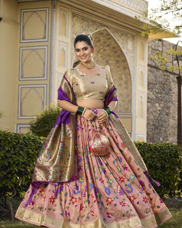 Peach Colour Jacquard Silk Paithani Lehenga Choli 1