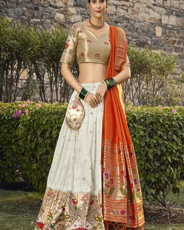 White Colour Jacquard Silk Paithani Lehenga Choli 1