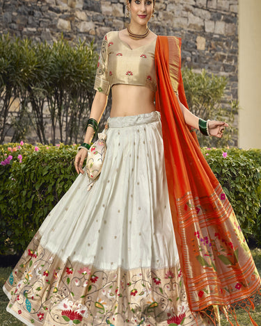 White Colour Jacquard Silk Paithani Lehenga Choli 