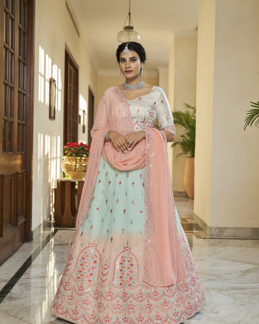 Bridal sky -peach art silk Thread with Sequince Embroidered With Mirror Work 1