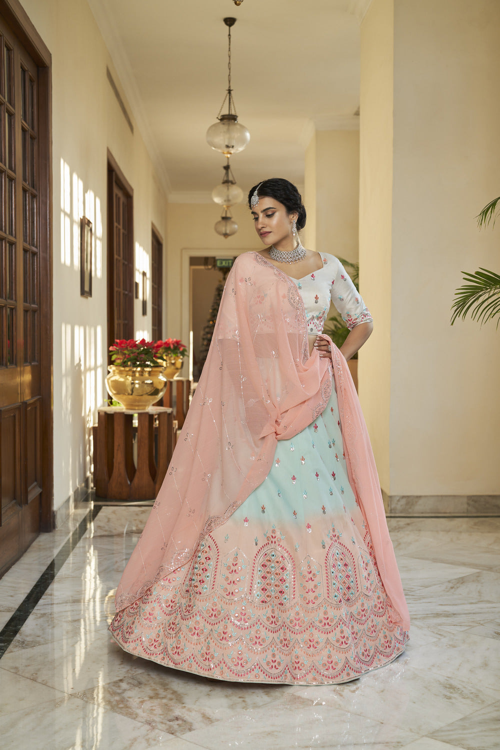 Bridal sky -peach art silk Thread with Sequince Embroidered With Mirror Work