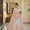 Bridal sky -peach art silk Thread with Sequince Embroidered With Mirror Work