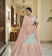 Bridal sky -peach art silk Thread with Sequince Embroidered With Mirror Work