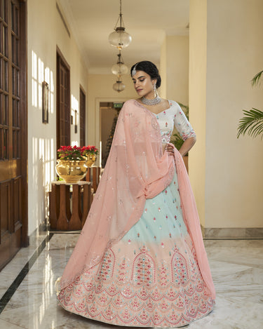 Bridal sky -peach art silk Thread with Sequince Embroidered With Mirror Work