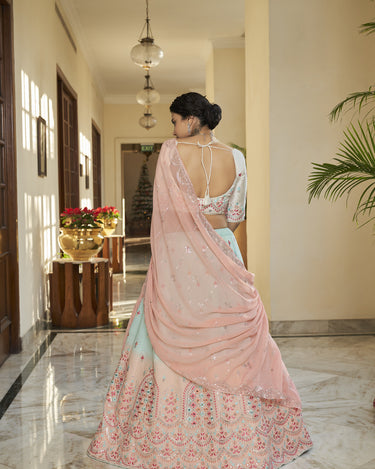 Bridal sky -peach art silk Thread with Sequince Embroidered With Mirror Work 2