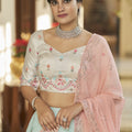 Bridal sky -peach art silk Thread with Sequince Embroidered With Mirror Work 3