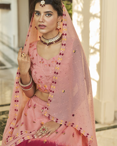 Peach-Deepink Bridal Thread with Sequince Embroidered Work 3