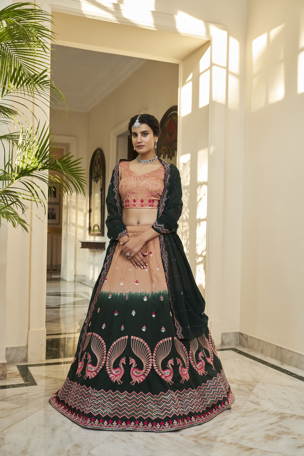 Bridal Rust Orange-Green Thread with Sequince Embroidered Work