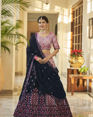 Dusty pink-Navy Bridal Sequence Embroidered Work Lehenga Choli 