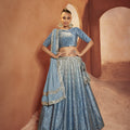 Dusty Sky Colour Bridal Seabury Print with Sequence Embroidery and Mirror Work Lehenga Choli 