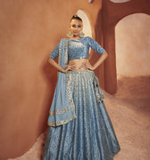 Dusty Sky Colour Bridal Seabury Print with Sequence Embroidery and Mirror Work Lehenga Choli 