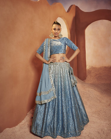 Dusty Sky Colour Bridal Seabury Print with Sequence Embroidery and Mirror Work Lehenga Choli 