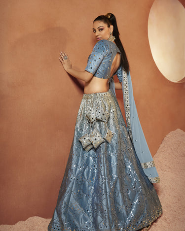 Dusty Sky Colour Bridal Seabury Print with Sequence Embroidery and Mirror Work Lehenga Choli 2