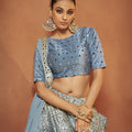 Dusty Sky Colour Bridal Seabury Print with Sequence Embroidery and Mirror Work Lehenga Choli 3