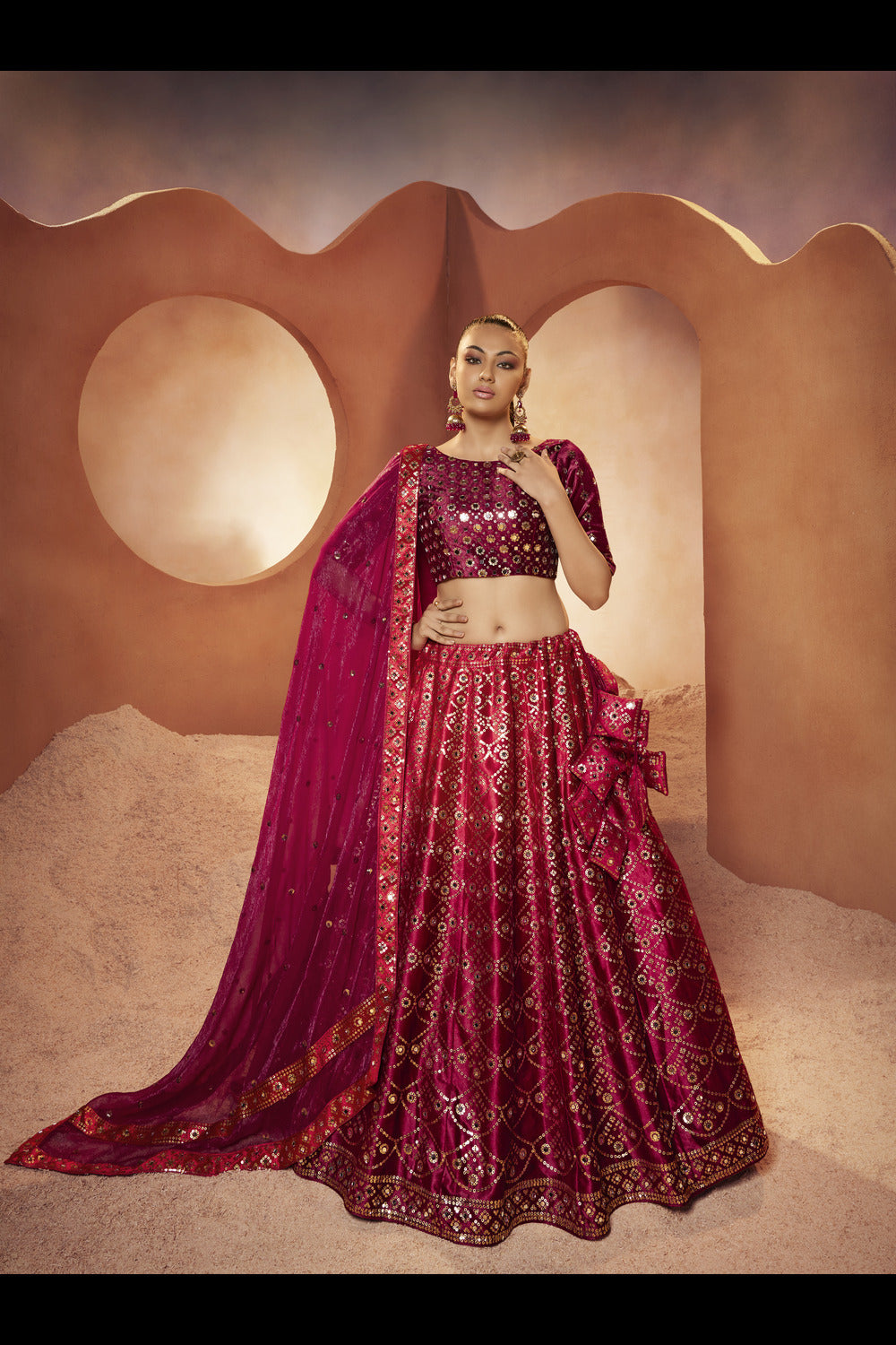 Magenta Colour Bridal Sequince Embroidered with all Over Mirror Work Lehenga Choli