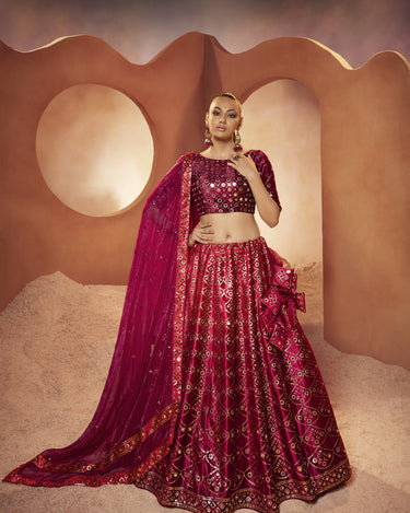 Magenta Colour Bridal Sequince Embroidered with all Over Mirror Work Lehenga Choli