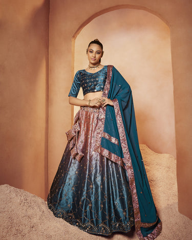 Teal Blue Designer Bridal Sequince Embroidered with all over mirror work Lehenga Choli 