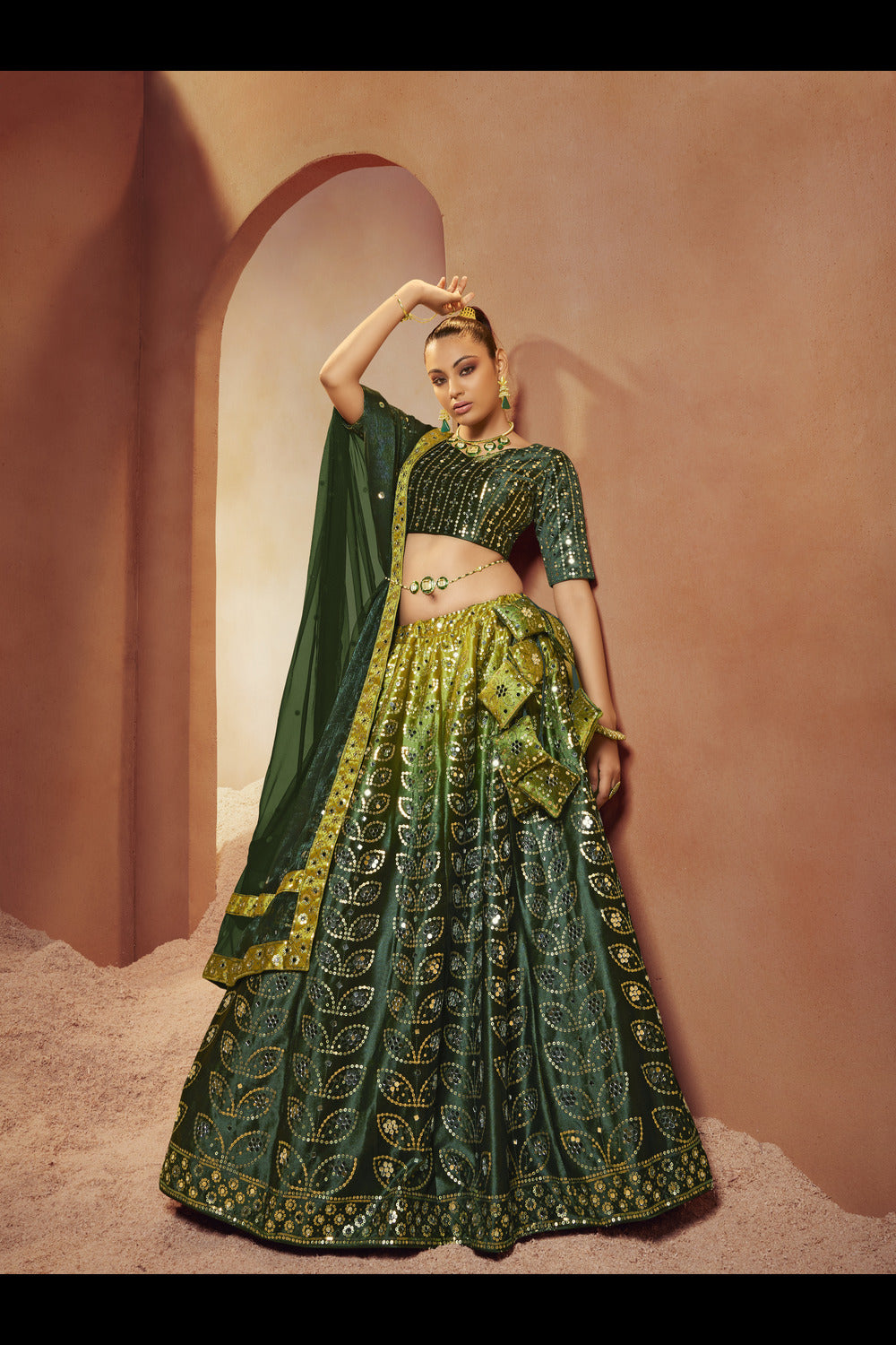 reen Colour Bridal Special Function Sequince Embroidered with all over mirror work Lehenga Choli 