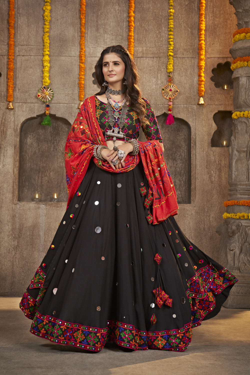 Black Color Navaratri Thread Embroidered With All Over Mirror Work Lehenga Chol