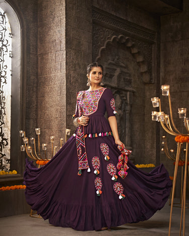 Purple Color Trending Navaratri Thread Embroidered With All Over Mirror Work Lehenga Choli 2