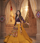 Mustered Yellow Trending Navaratri collection Thread Embroidered with all over mirror work choli 1