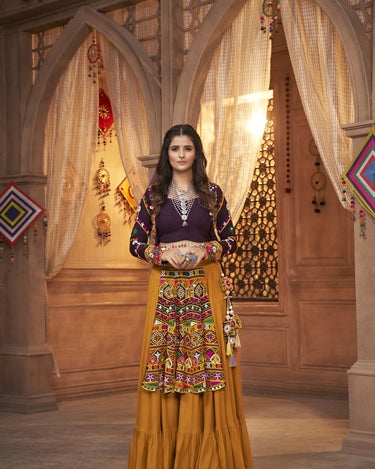 Mustered Yellow Trending Navaratri collection Thread Embroidered with all over mirror work choli 2