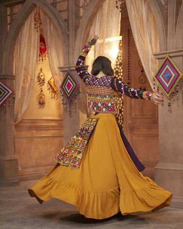 Mustered Yellow Trending Navaratri collection Thread Embroidered with all over mirror work choli 3
