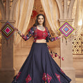 Navy Blue Navartri Thread Embroidered With All Over Mirror Work Lehenga Chol 