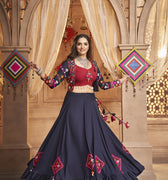 Navy Blue Navartri Thread Embroidered With All Over Mirror Work Lehenga Chol 