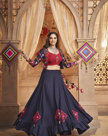 Navy Blue Navartri Thread Embroidered With All Over Mirror Work Lehenga Chol 