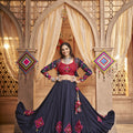 Navy Blue Navartri Thread Embroidered With All Over Mirror Work Lehenga Chol 1