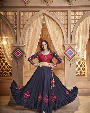 Navy Blue Navartri Thread Embroidered With All Over Mirror Work Lehenga Chol 1
