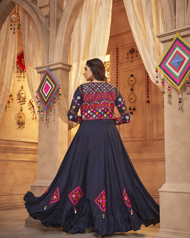 Navy Blue Navartri Thread Embroidered With All Over Mirror Work Lehenga Chol 2
