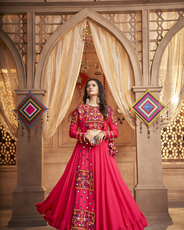 Trending Pink Color Navratri Thread Embroidered With All Over Mirror Work Lehenga Choli 