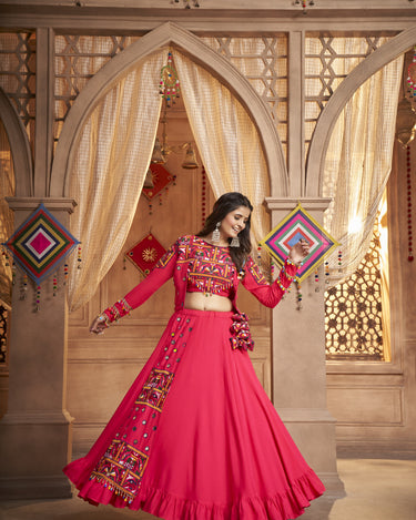 Trending Pink Color Navratri Thread Embroidered With All Over Mirror Work Lehenga Choli 1