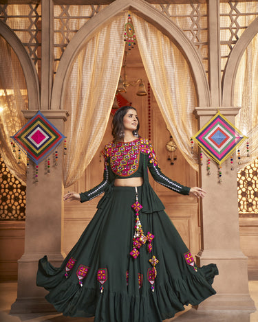 Special Navratri Green Color Thread Embroidered With All Over Mirror Work Lehenga Choli 