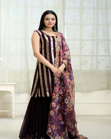 Wine Colour Readymade Crop Top with Sharara and Dupatta 4